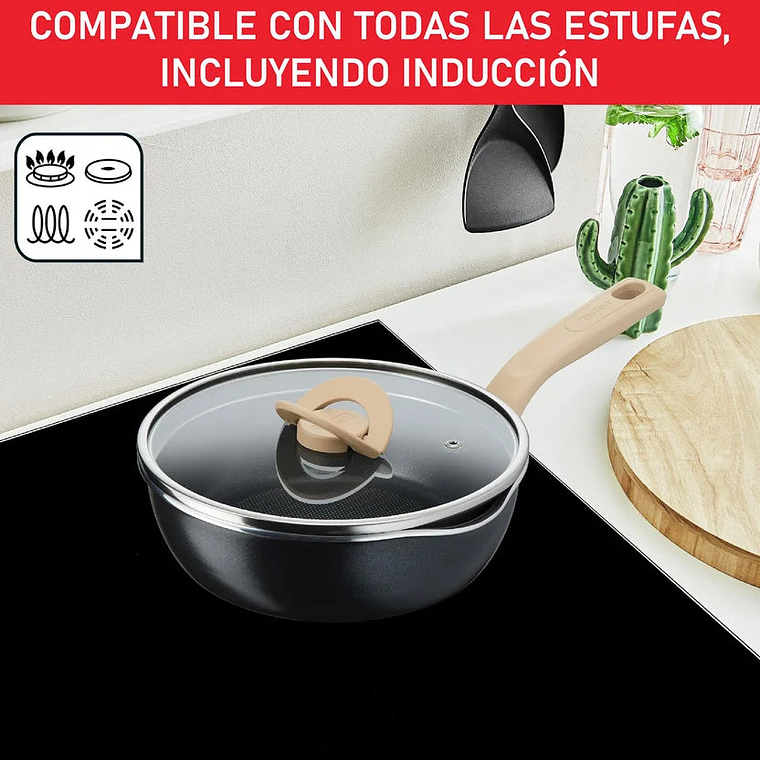 Multisartén 3 en 1 (Sartén-Wok-Perol) de 24 cm Antiadherente, con Tapa de Vidrio y Vertedero One Pick Pot Pan Beige 3
