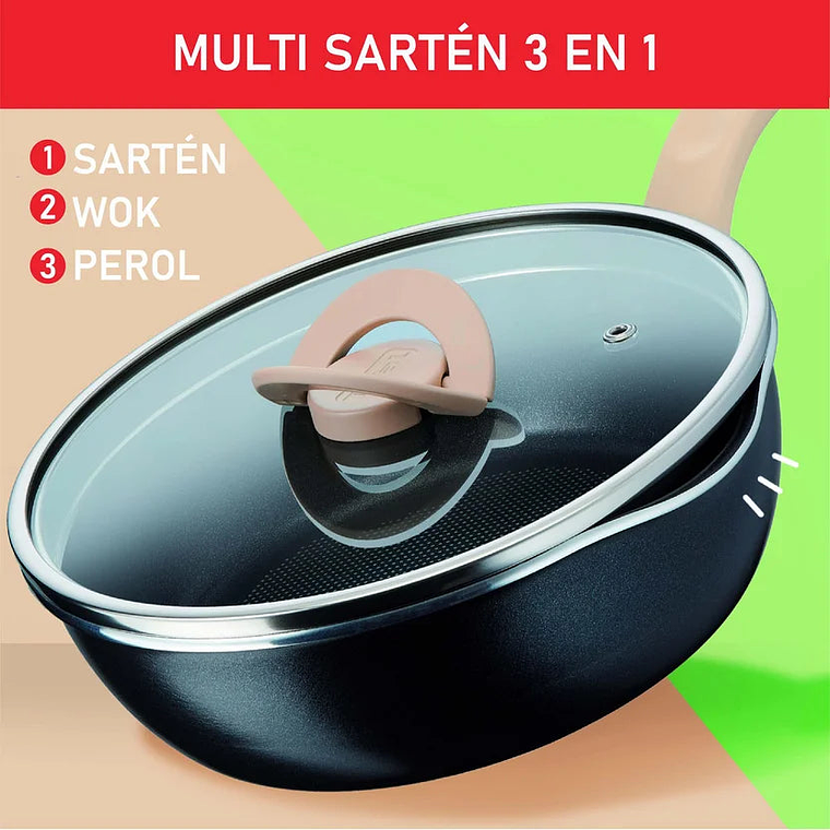 Multisartén 3 en 1 (Sartén-Wok-Perol) de 24 cm Antiadherente, con Tapa de Vidrio y Vertedero One Pick Pot Pan Beige 4