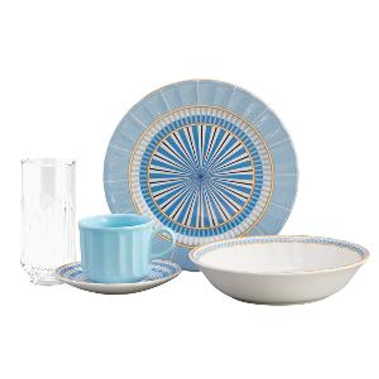 Combo Vajilla Corona Azura 4 puestos 16 piezas + Set 6 Vasos Barceló Cristar 1