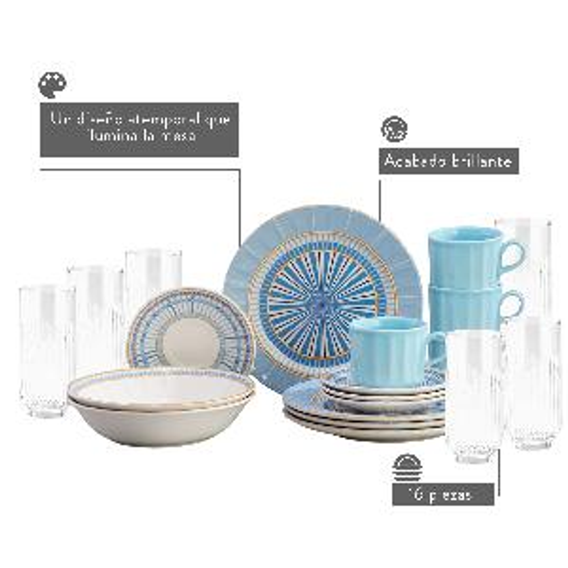 Combo Vajilla Corona Azura 4 puestos 16 piezas + Set 6 Vasos Barceló Cristar 2