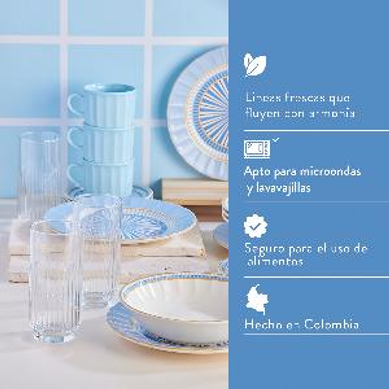 Combo Vajilla Corona Azura 4 puestos 16 piezas + Set 6 Vasos Barceló Cristar 3