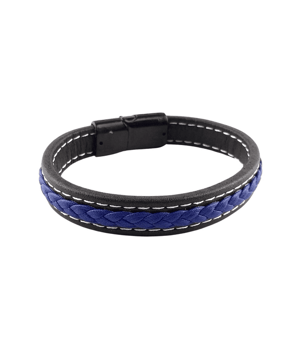 Pulsera Cuero Negro Trenza Central Azul