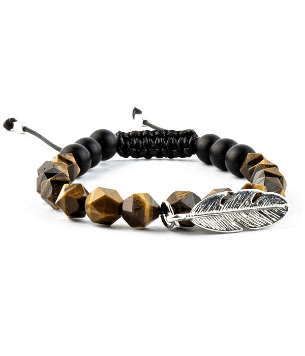 Pulsera Turmalina Ojo de Tigre Facetado Diseño Pluma - Cierre Tejido