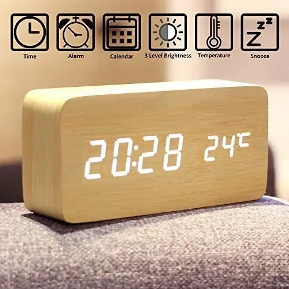 Reloj Despertador Multifunción Con Visualización  De Madera 6
