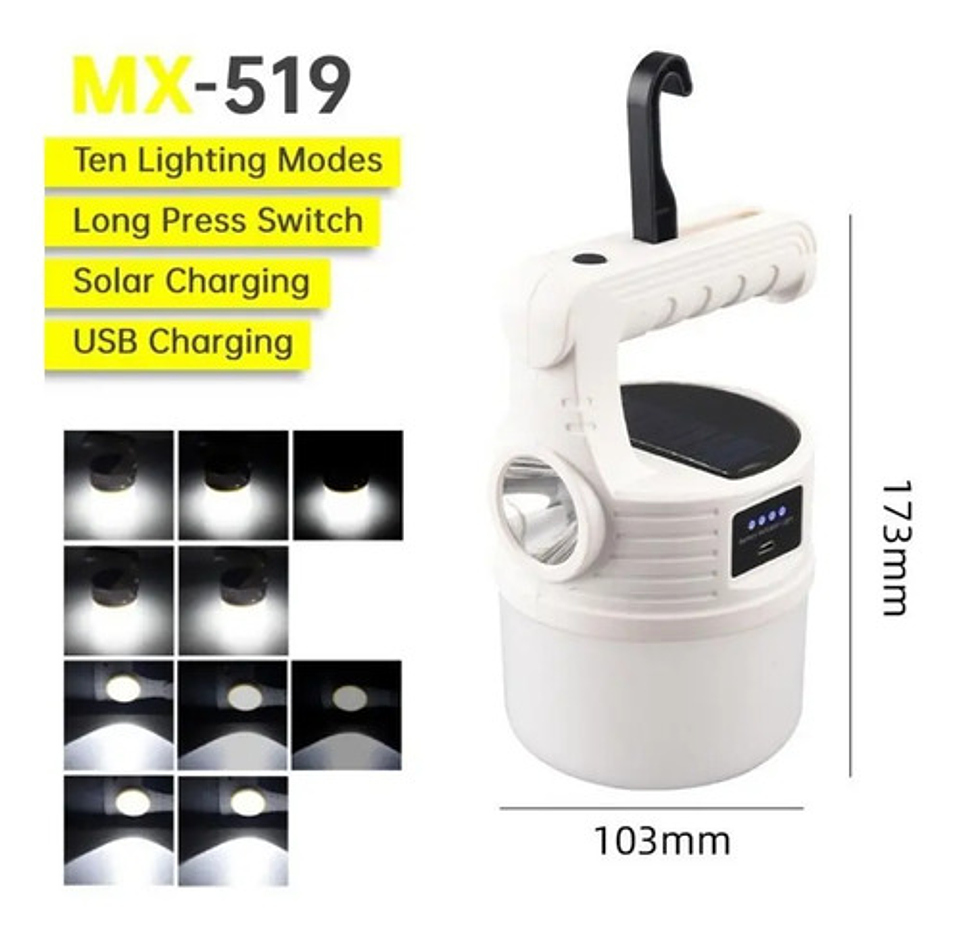 Linterna Led Recargable Mri Mx-518 Solar Camping Emergencia Blanca Blanco 3