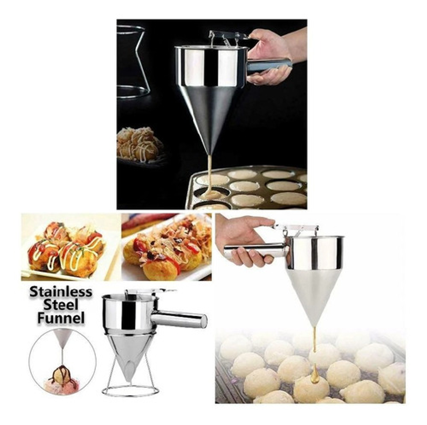 Embudo Dosificador Acero Inoxidable 750ml Con Soporte Repostería Plateado 7