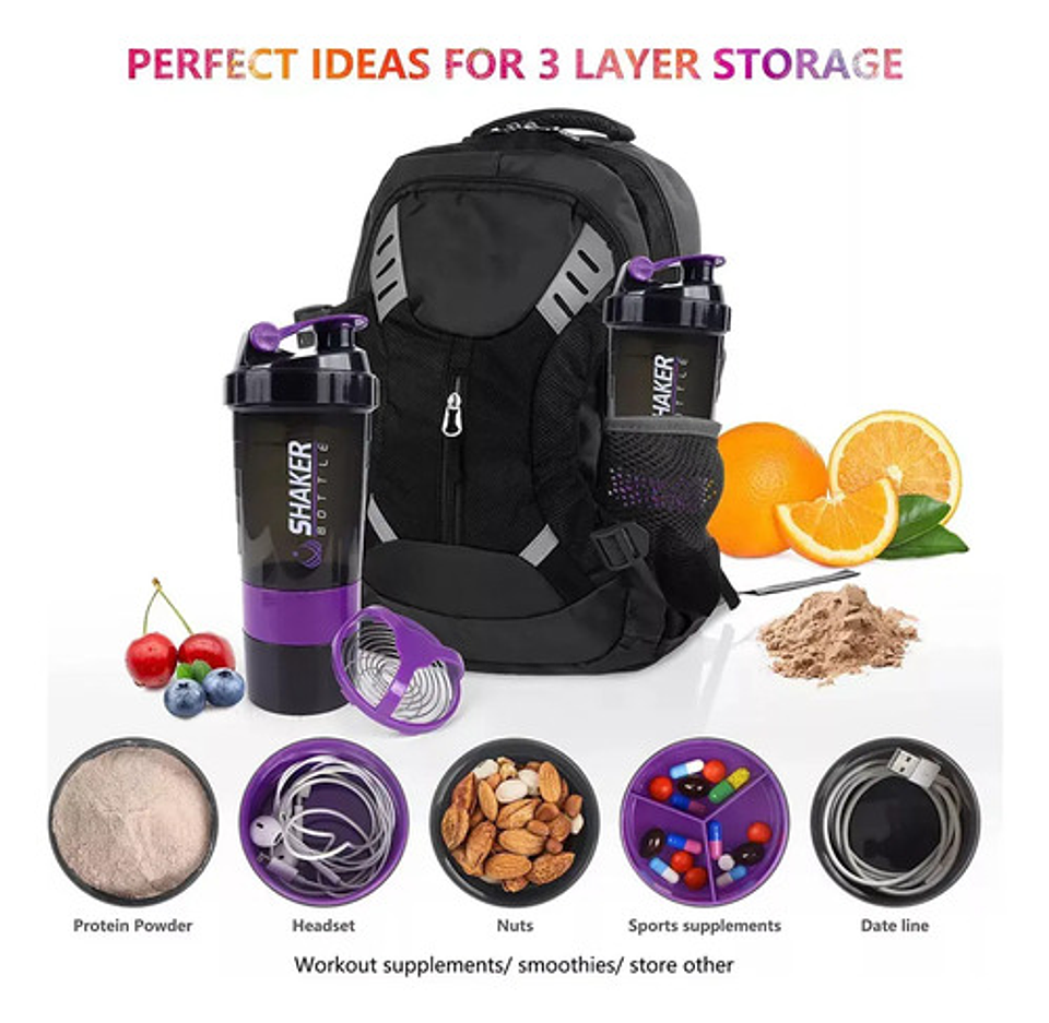 Shaker 3 En 1, Botella Mezclador Batidos Proteina 500ml Gym 2