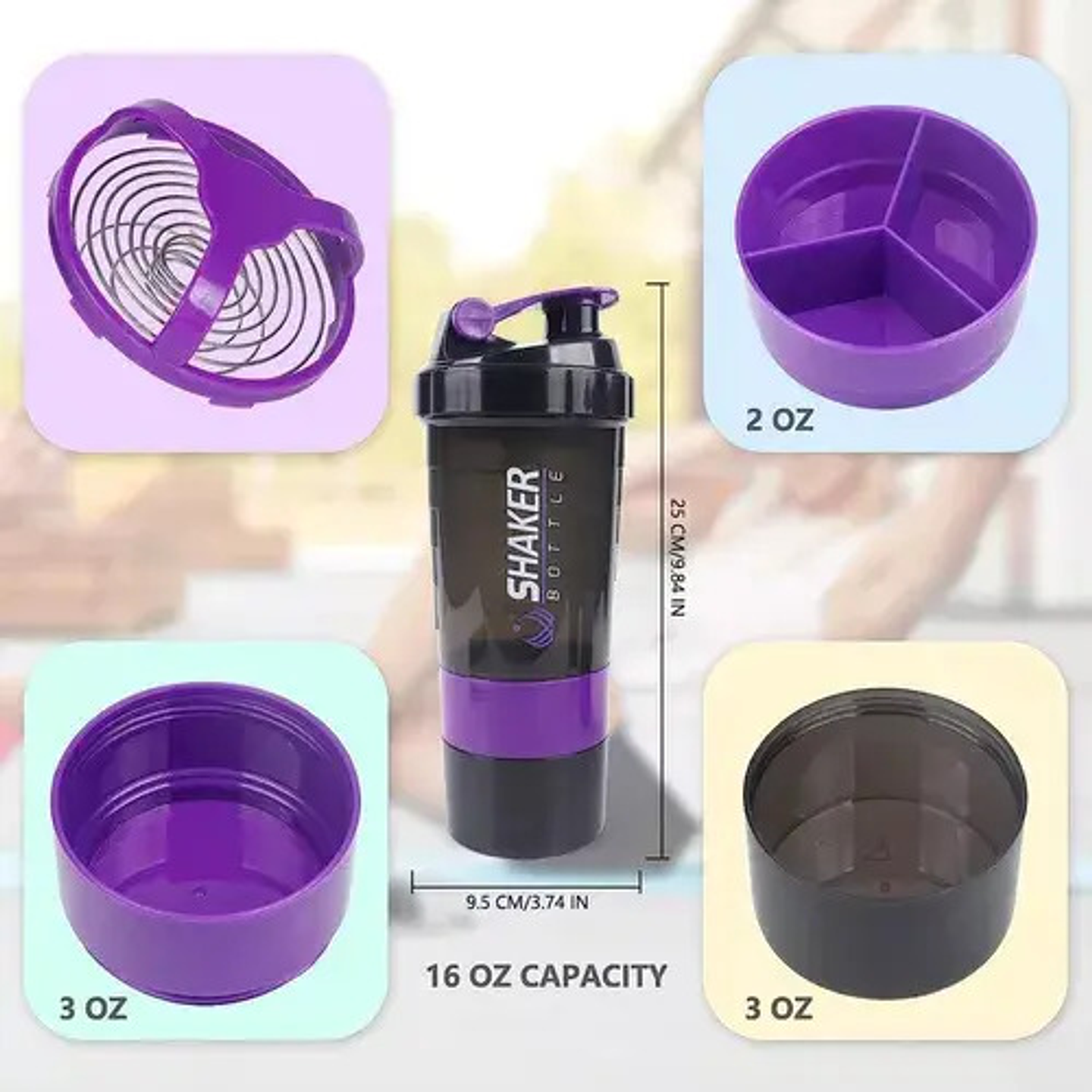 Shaker 3 En 1, Botella Mezclador Batidos Proteina 500ml Gym 5