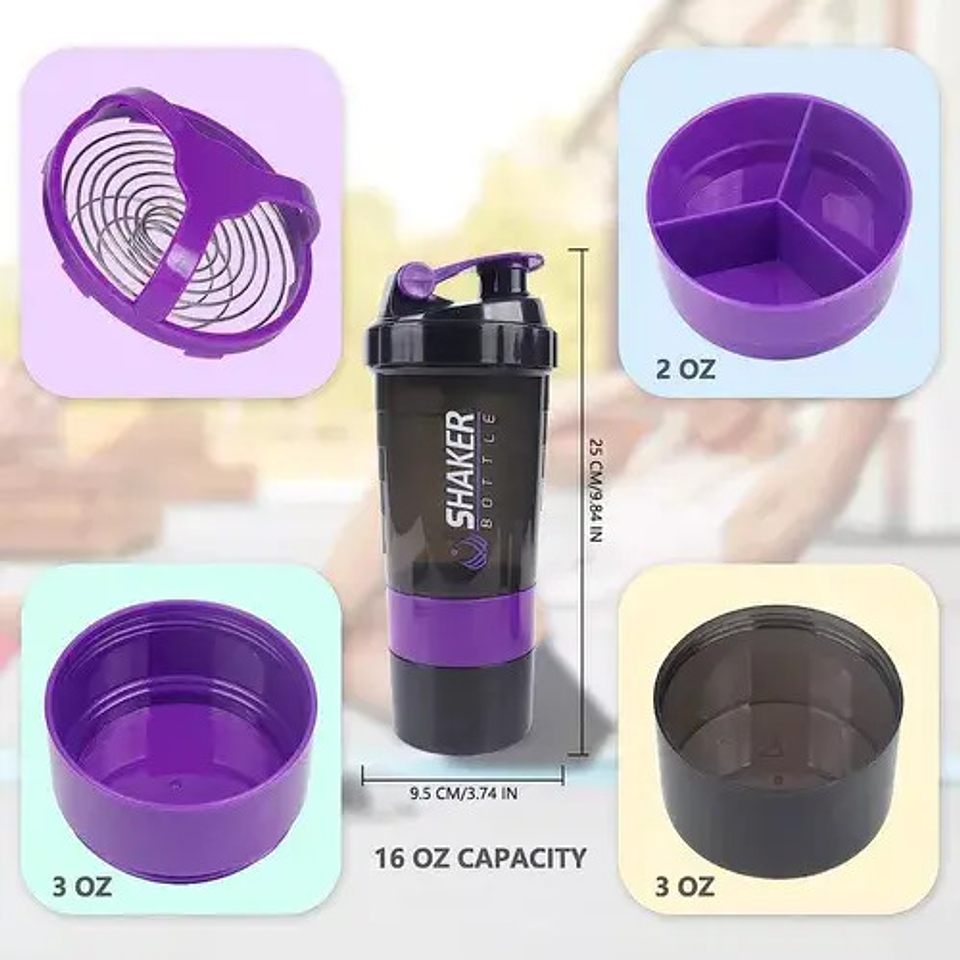 Shaker 3 En 1, Botella Mezclador Batidos Proteina 500ml Gym 5