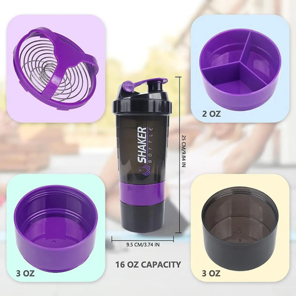 Shaker 3 En 1, Botella Mezclador Batidos Proteina 500ml Gym 15
