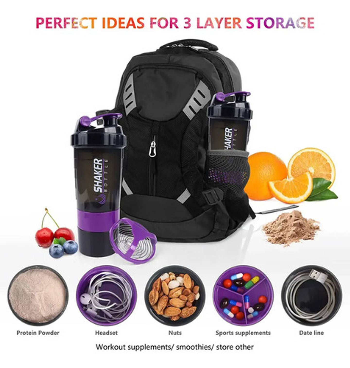 Shaker 3 En 1, Botella Mezclador Batidos Proteina 500ml Gym 18