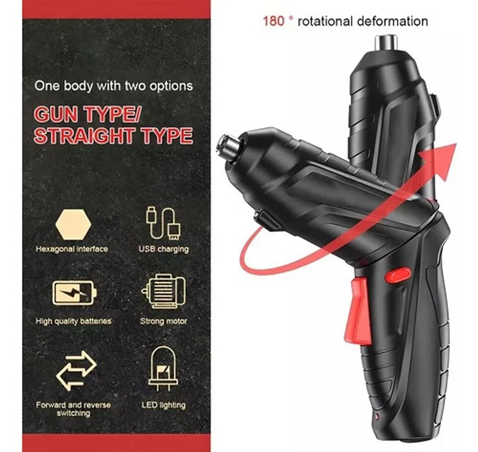 Destornillador Atornillador Inalámbrico Thek 47pcs 3.6v Recargable Con Luz Led Negro 5