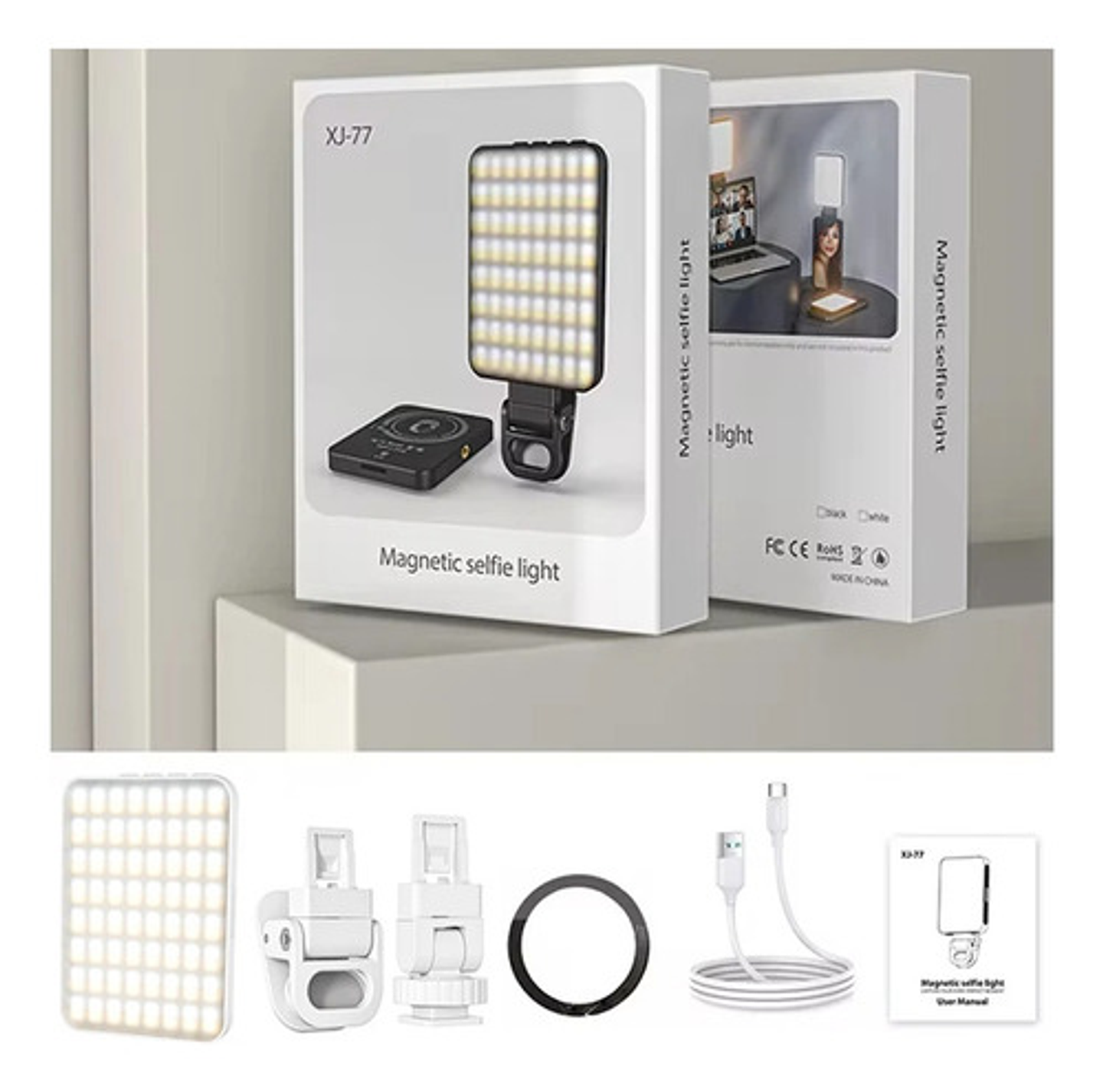 Luz Led Asolounclick Xj-77 Negra Recargable Selfie Streaming Cri 97+ Negro 8