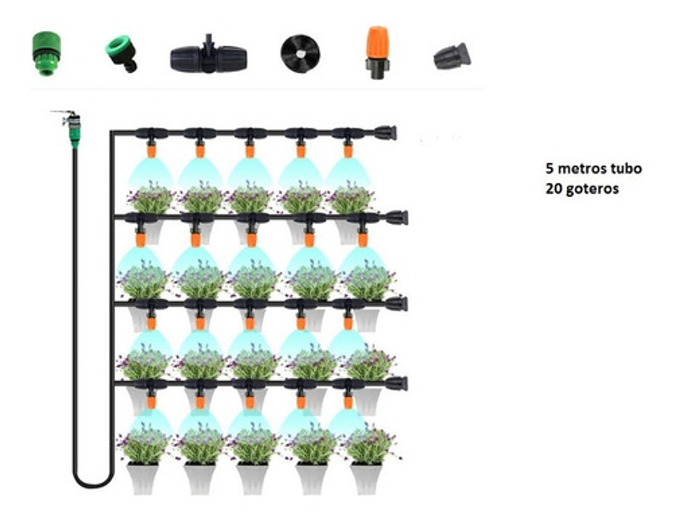 Kit De Riego Por Goteo Automático De Patio 5 Mtrs 20 Goteros 5