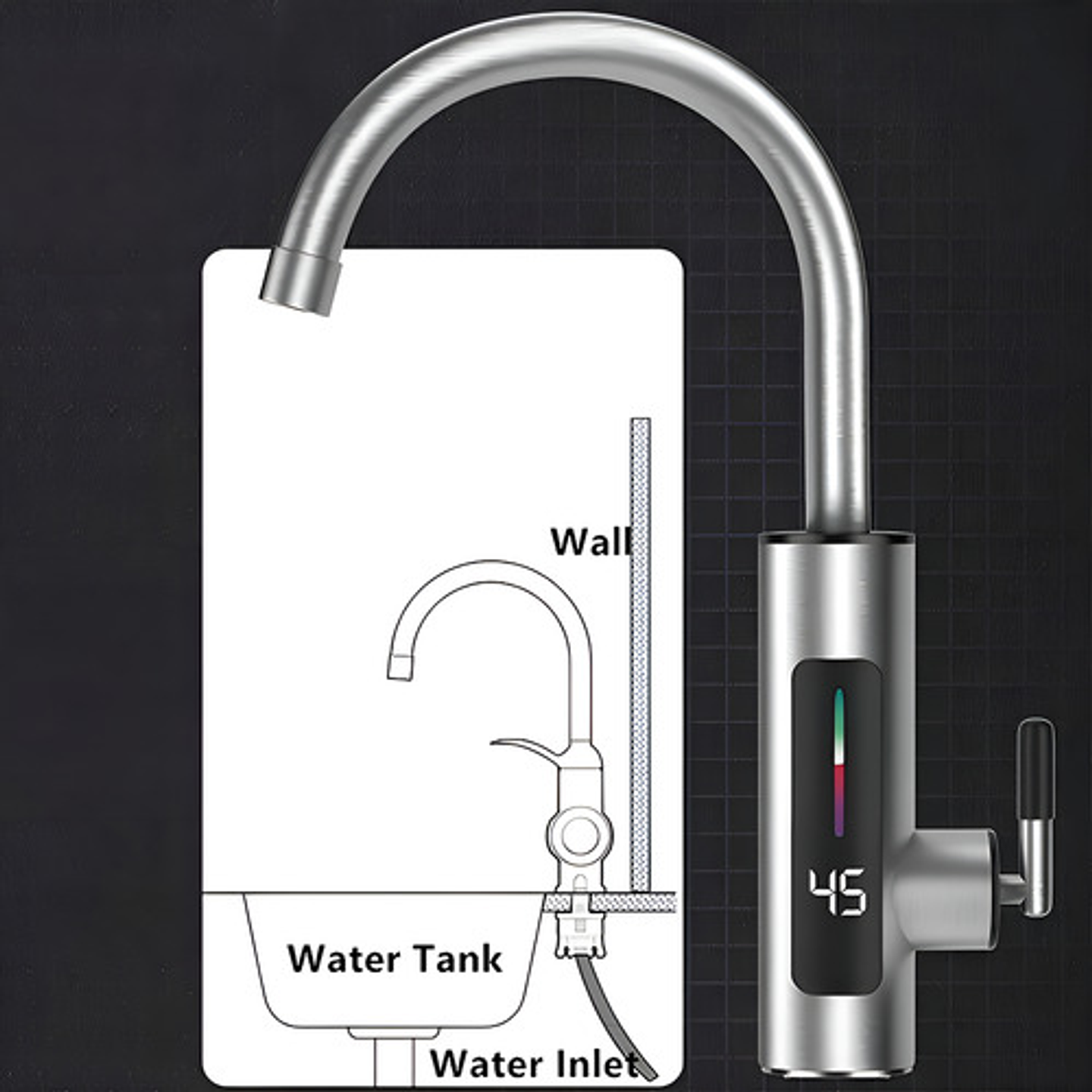Llave Grifo Agua Caliente Eléctrico Para Lavaplatos Color Pl Acabado Brillante Color Plateado 3