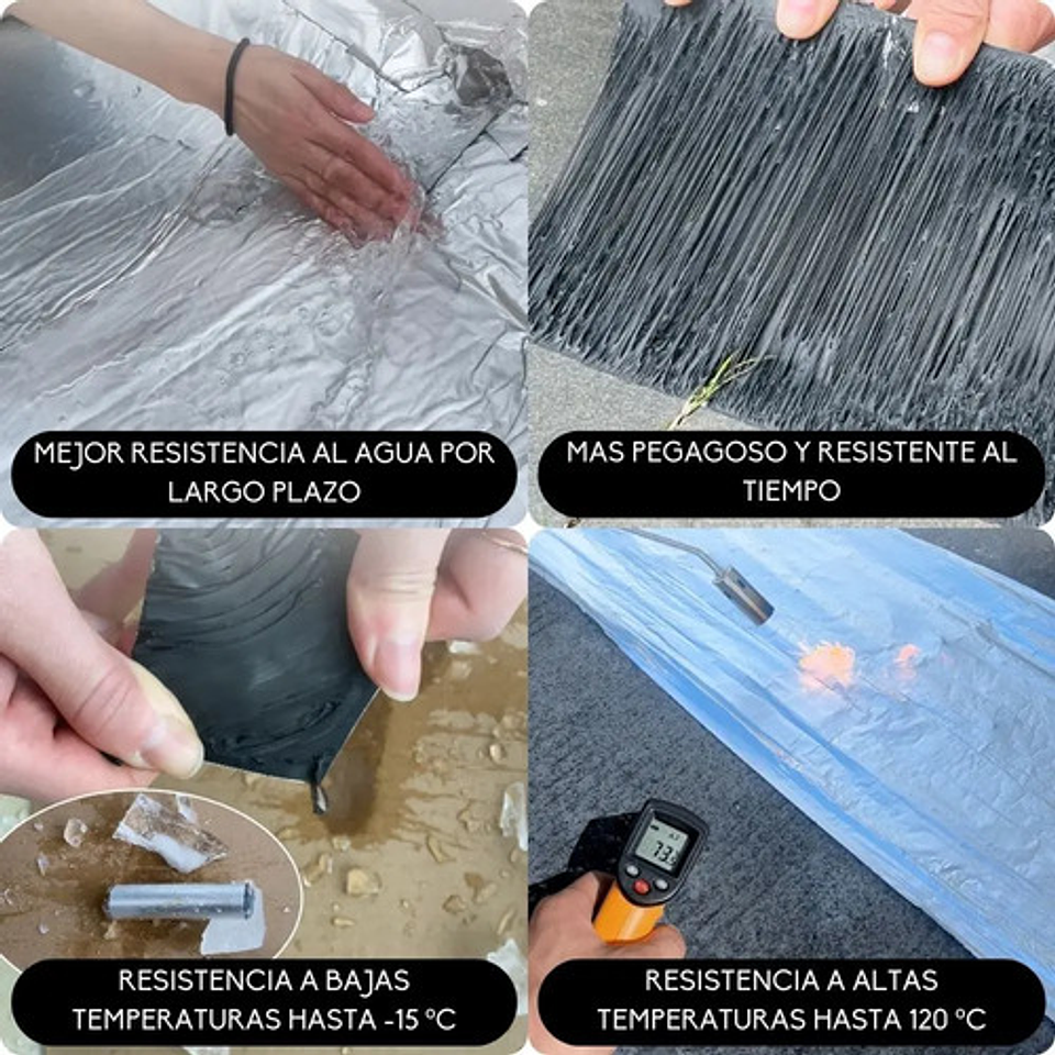 Cinta Aislante Impermeable 75mm*10m Gotera Techo Tubería Resistente Altas Temperaturas -15ºc A 120ºc Huincha Aisladora Selladora Filtraciones. Negro Liso 7