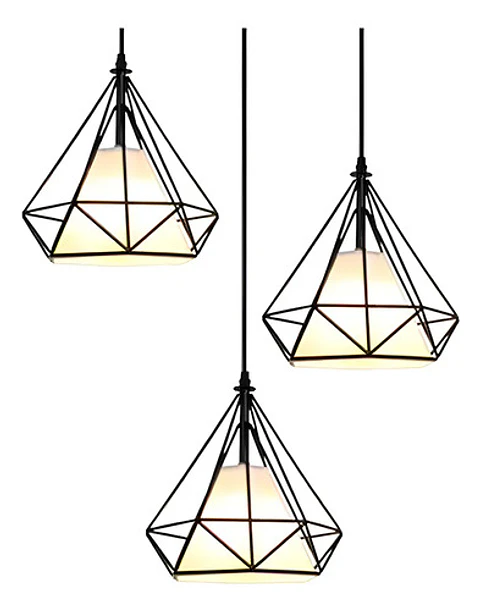 Lampara Triple De Techo Hierro Forma Diamante + Foco Negro