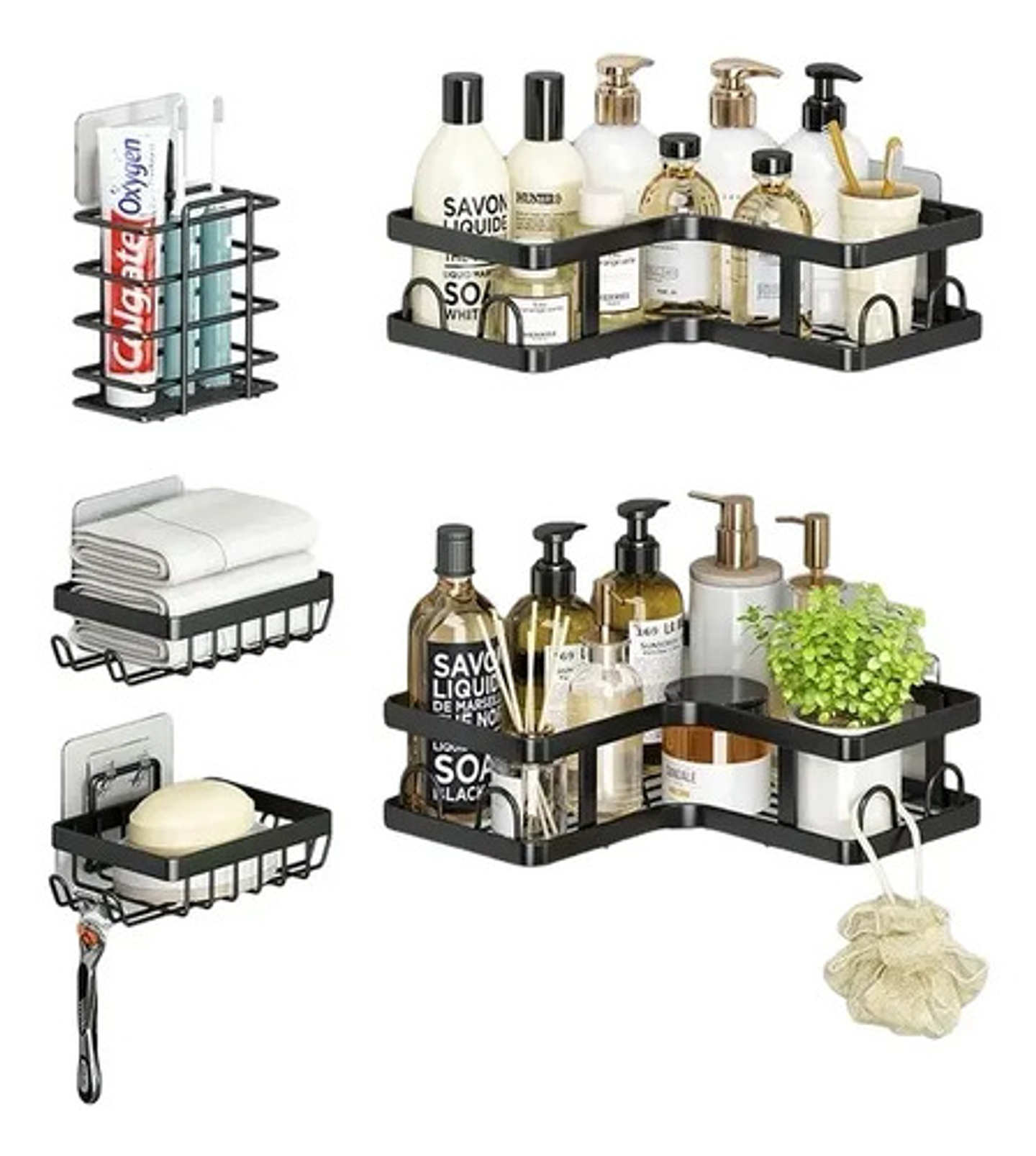 Organizador De Ducha Repisa Baño Adhesivo Set 5 Negro 1