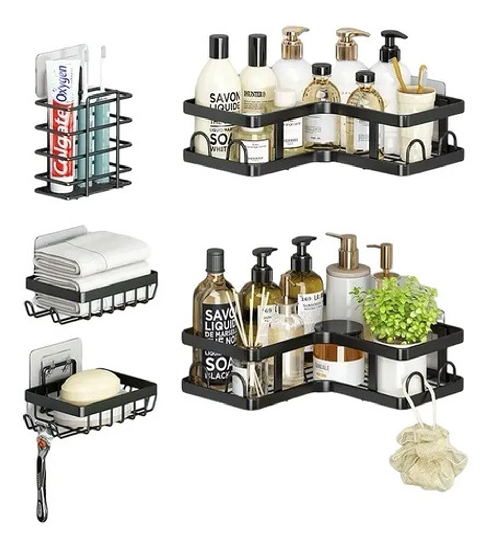 Organizador De Ducha Repisa Baño Adhesivo Set 5 Negro 1