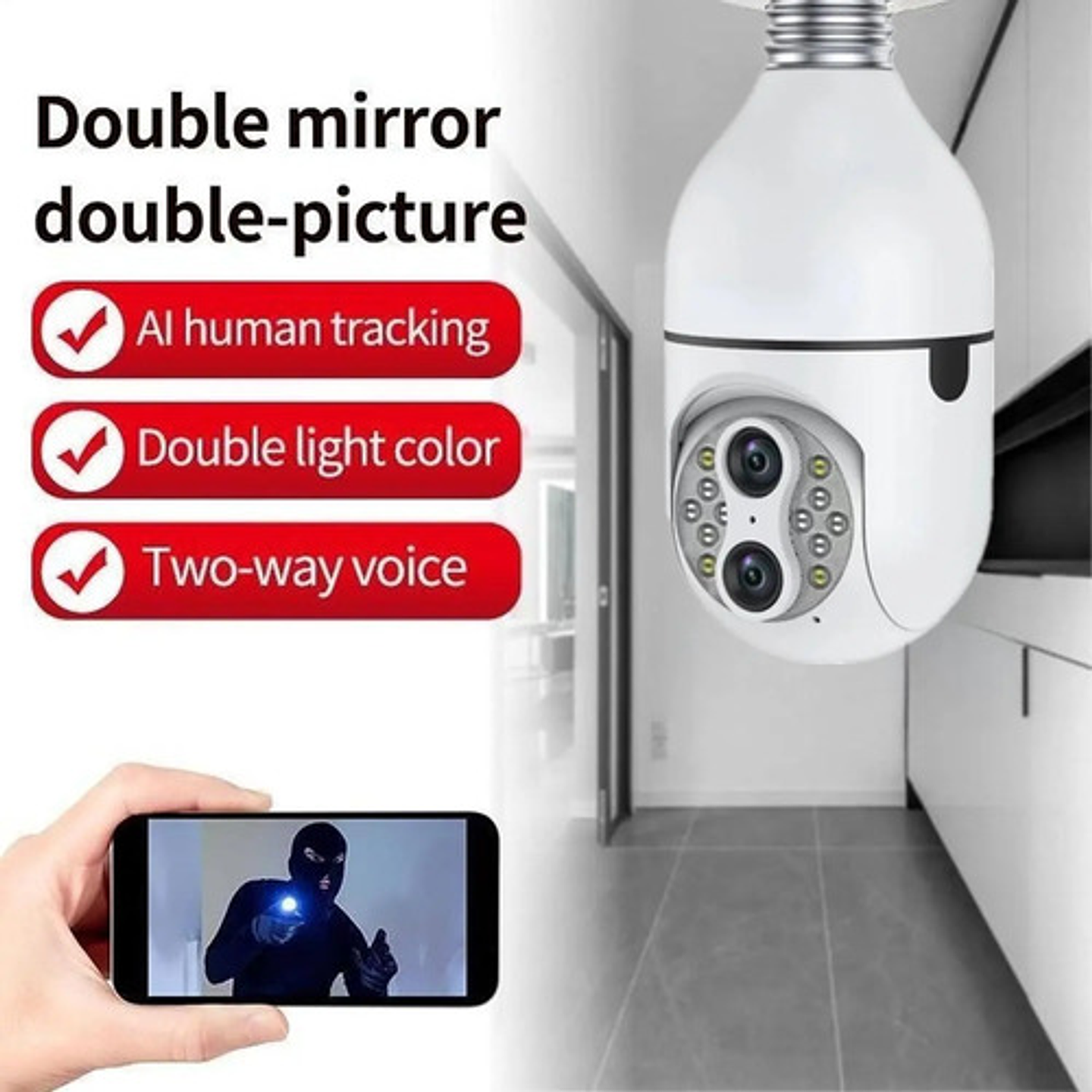 Cámara De Seguridad Wifi En Bombilla 360°doble Lente Visión 2