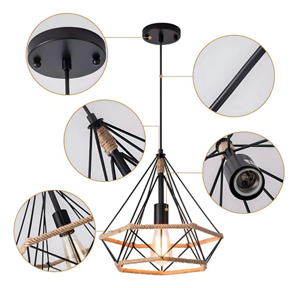 Lámpara Colgante Vintage Metal Industrial Cuerda Cáñamo 2