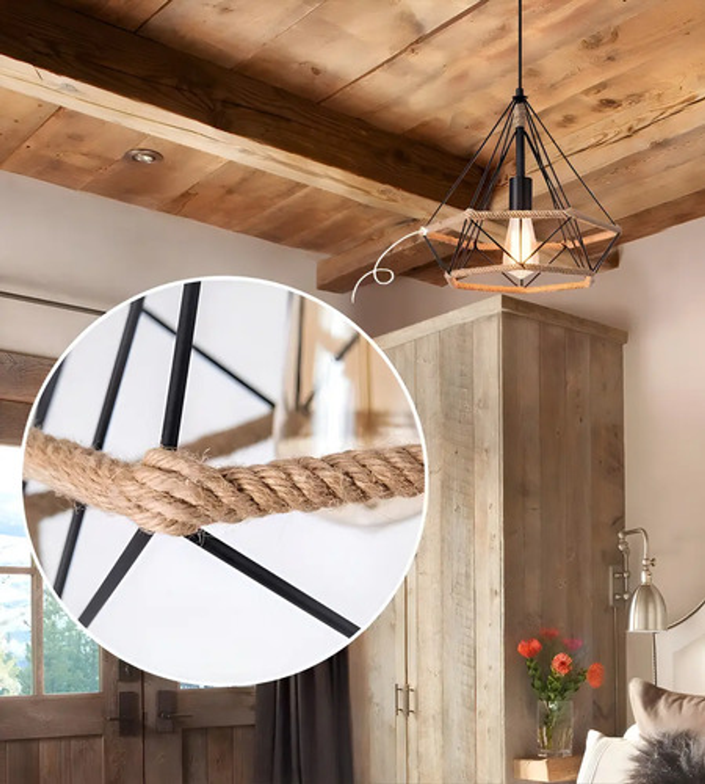 Lámpara Colgante Vintage Metal Industrial Cuerda Cáñamo 6