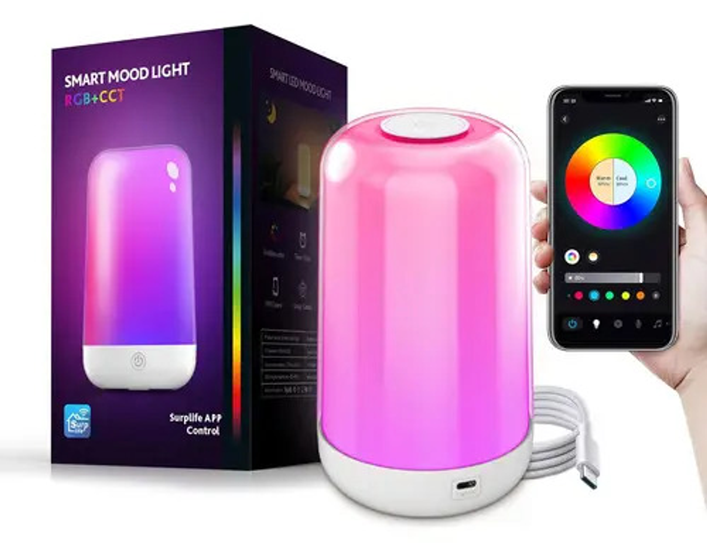 Lámpara De Noche Led Rgb Táctil Control Por App Recargable Blanco Rosa 1