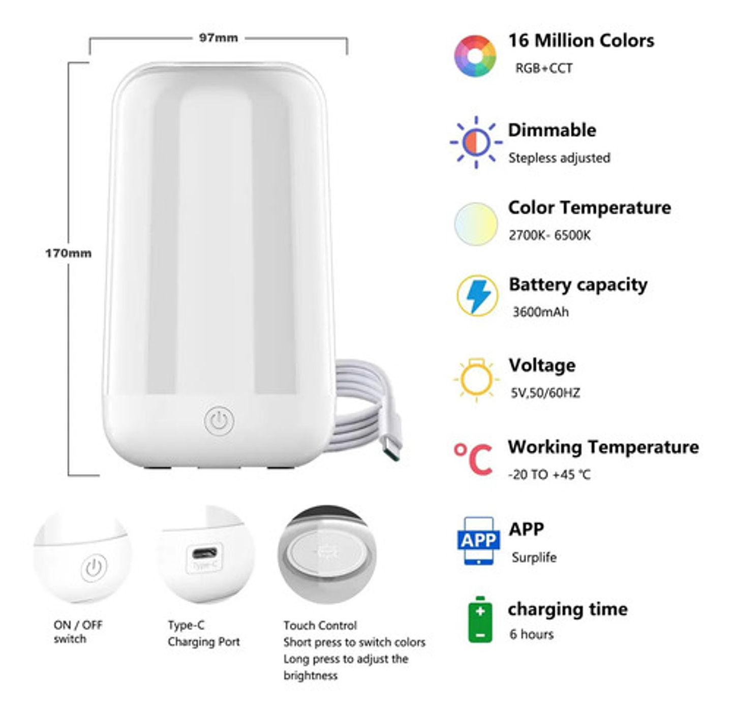 Lámpara De Noche Led Rgb Táctil Control Por App Recargable Blanco Rosa 4