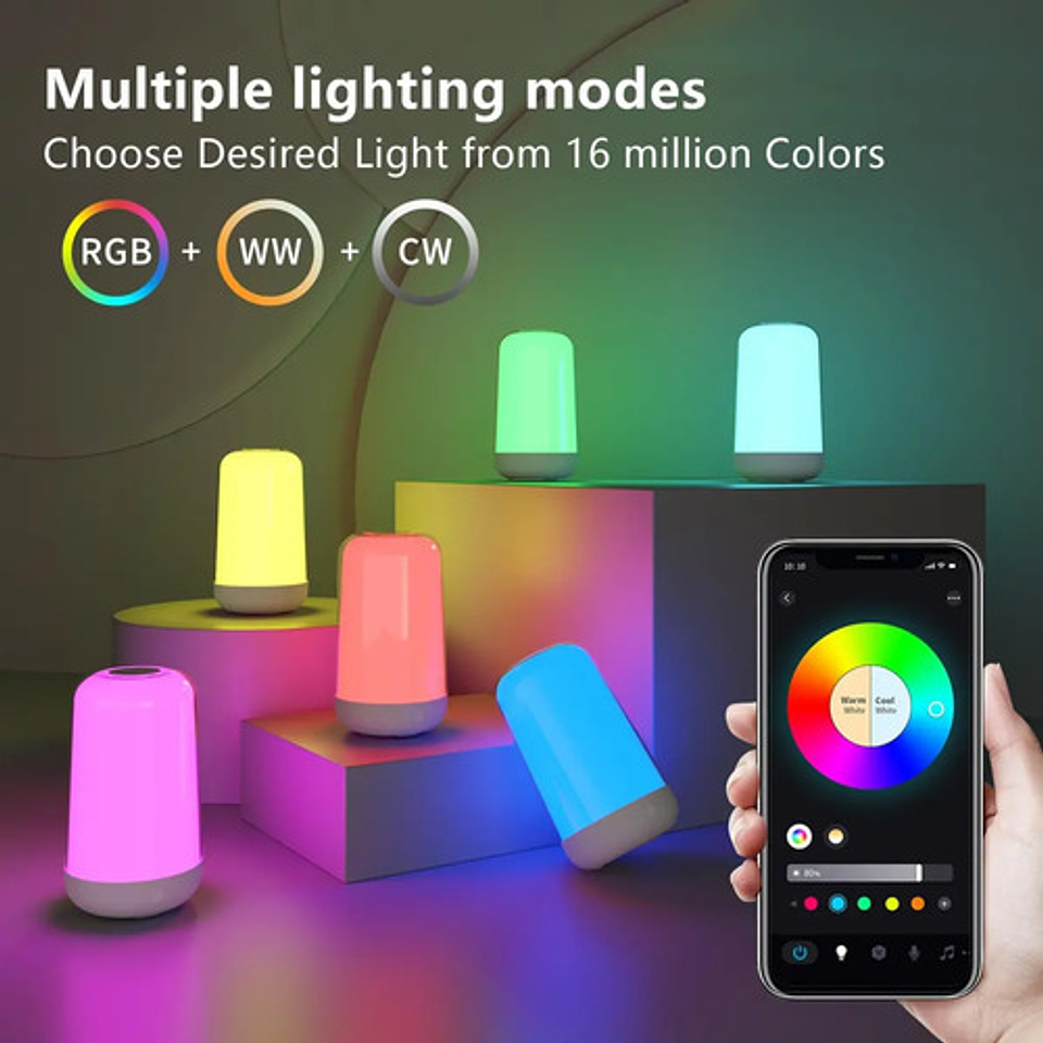 Lámpara De Noche Led Rgb Táctil Control Por App Recargable Blanco Rosa 7