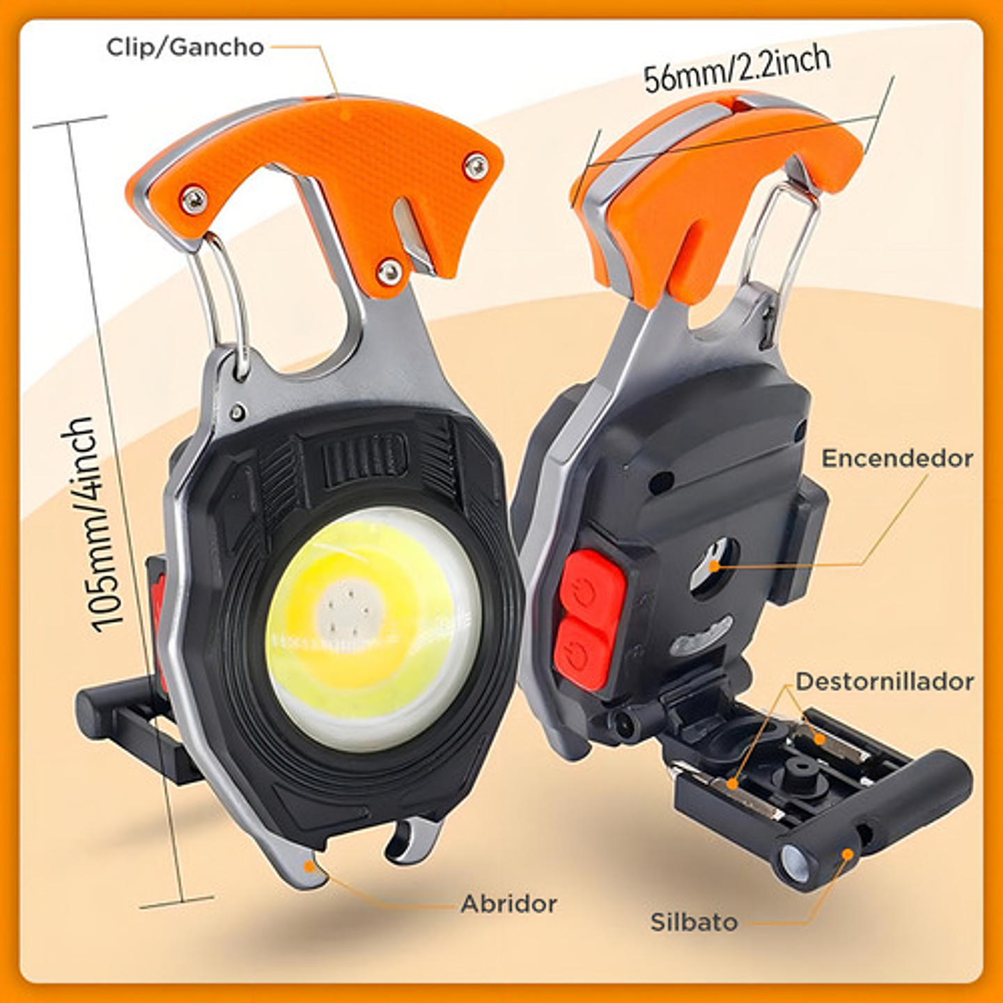 Linterna Led Portátil Thek Naranja Multifunción Recargable Usb Campin 9