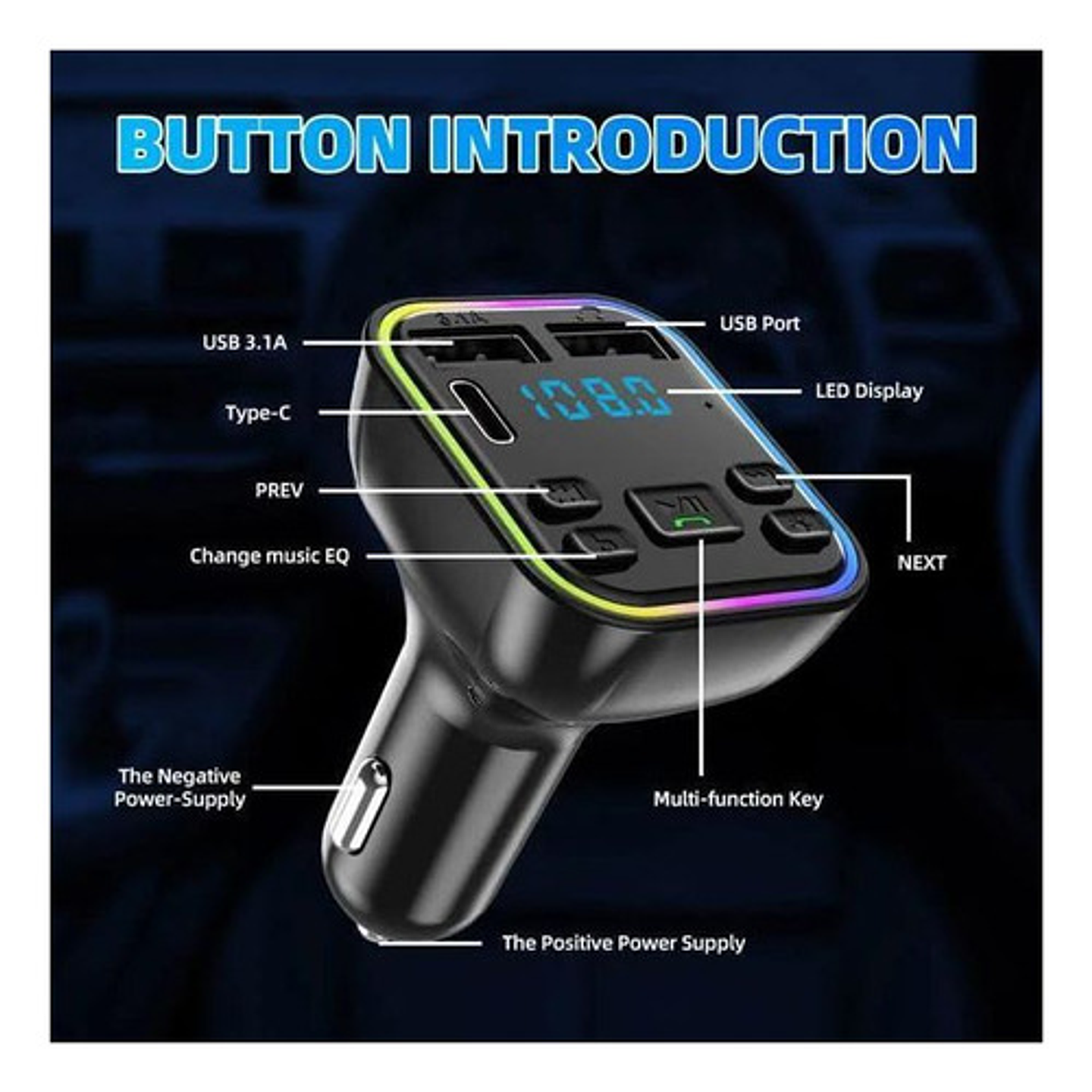 Transmisor Fm Bluetooth Auto Usb Tipo C Led Manos Libres 3