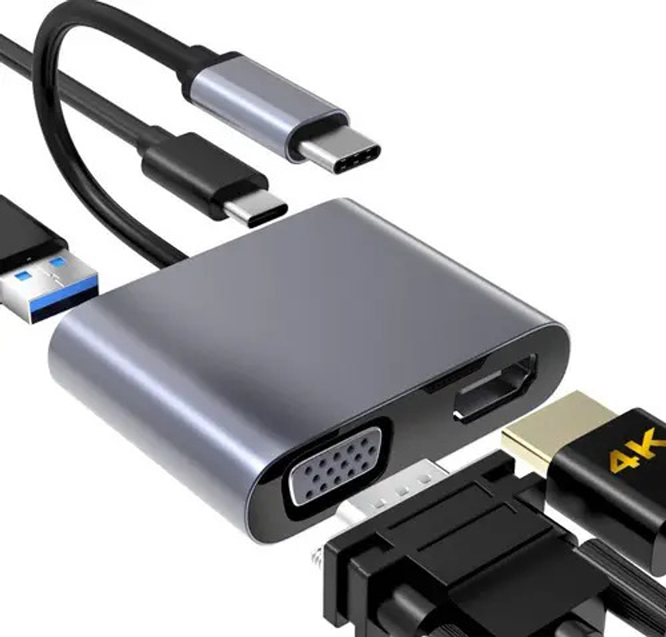 Hub Adaptador Usb-c 4 En 1: Vga+hdmi+usb 3.0+usb-c Pd 4k Hd 1