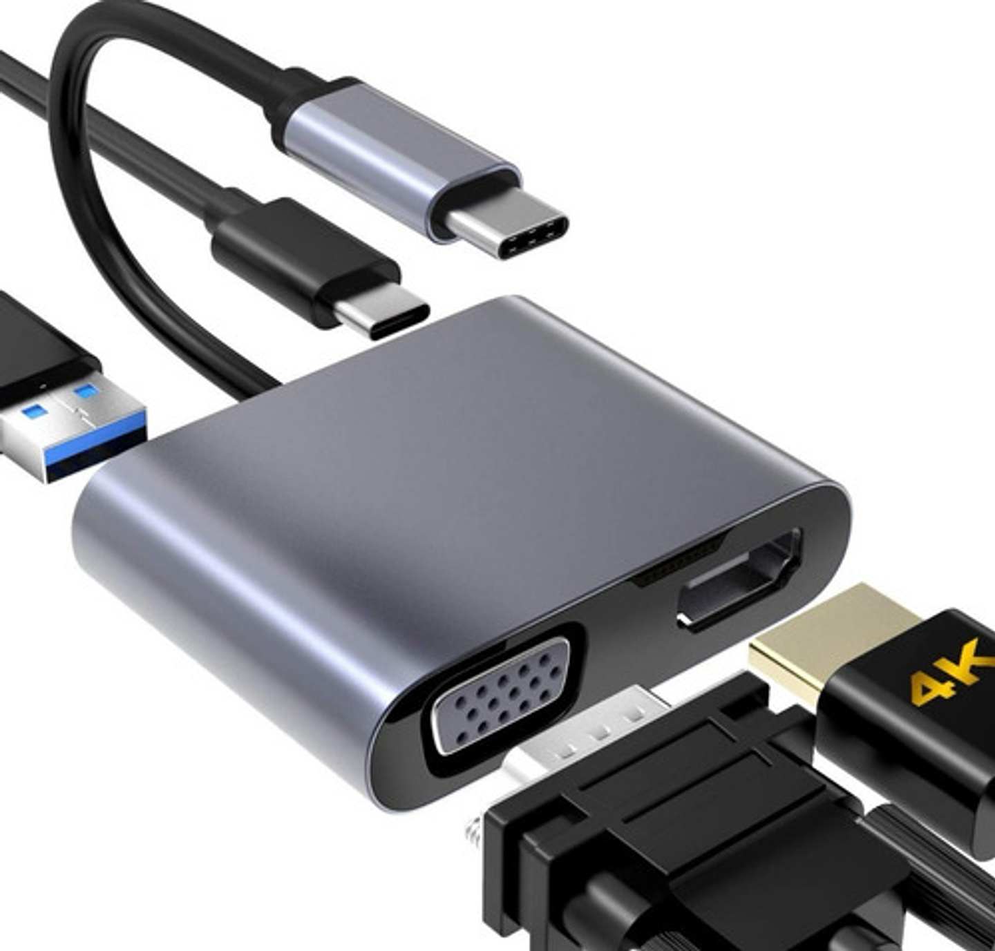 Hub Adaptador Usb-c 4 En 1: Vga+hdmi+usb 3.0+usb-c Pd 4k Hd 2