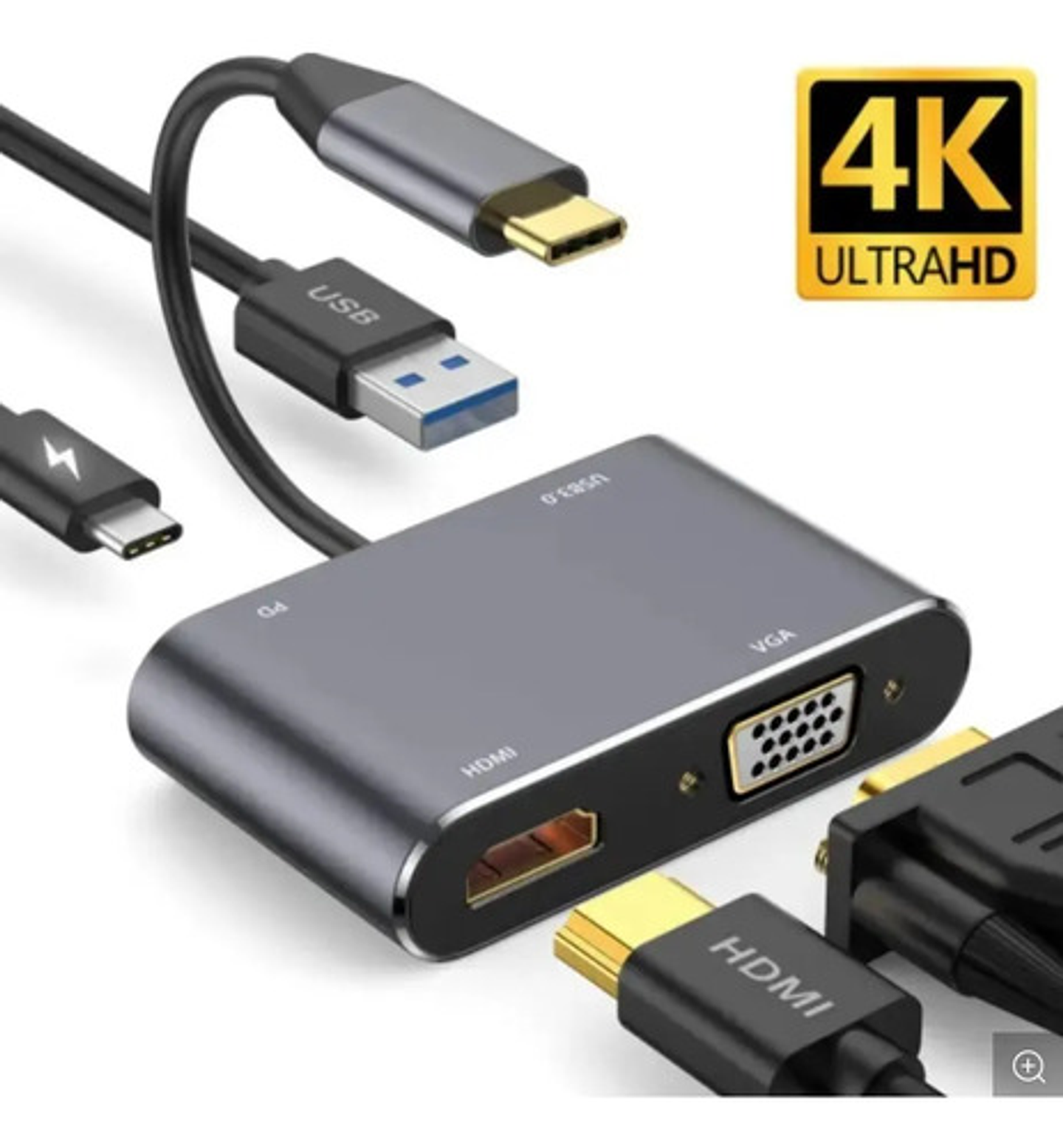 Hub Adaptador Usb-c 4 En 1: Vga+hdmi+usb 3.0+usb-c Pd 4k Hd 3