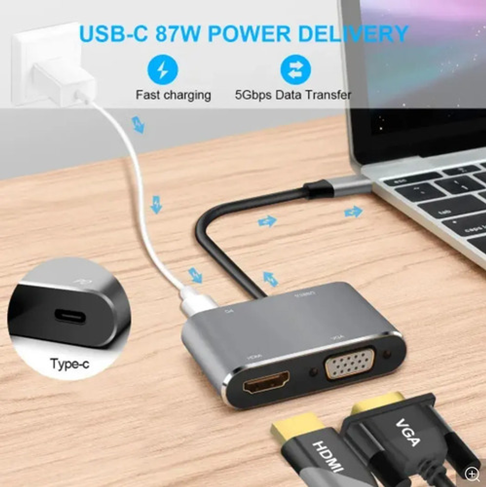 Hub Adaptador Usb-c 4 En 1: Vga+hdmi+usb 3.0+usb-c Pd 4k Hd 6
