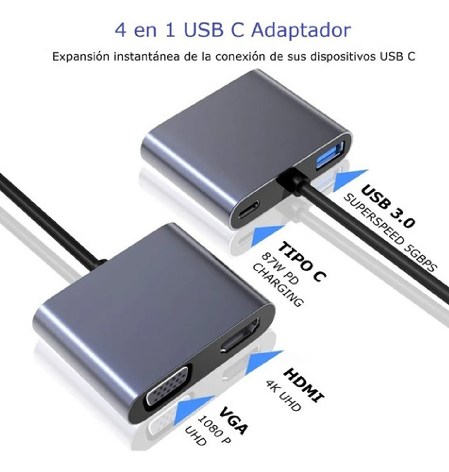 Hub Adaptador Usb-c 4 En 1: Vga+hdmi+usb 3.0+usb-c Pd 4k Hd 7