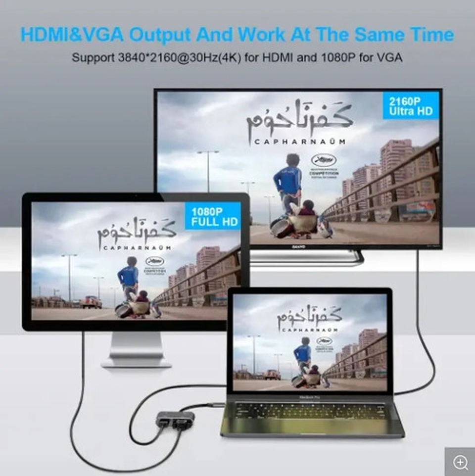 Hub Adaptador Usb-c 4 En 1: Vga+hdmi+usb 3.0+usb-c Pd 4k Hd 8