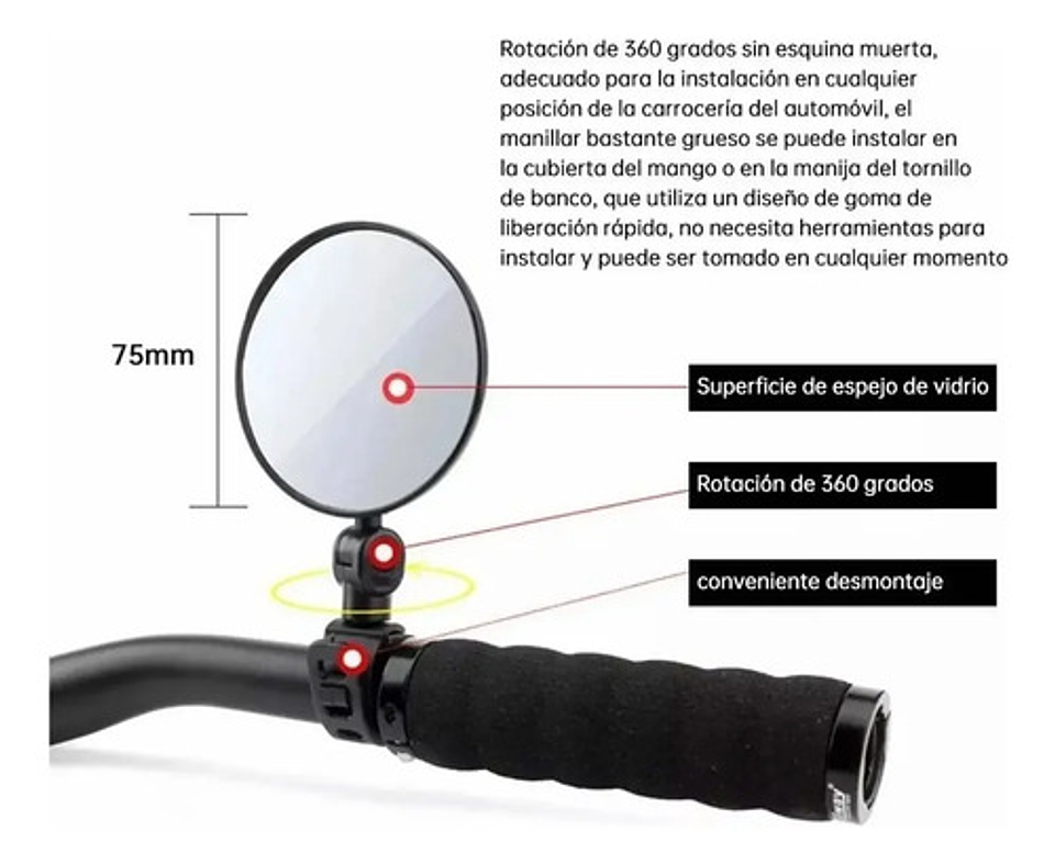 Espejo Retrovisor Redondo 360º Bicicleta O Moto Seguridad Negro 5