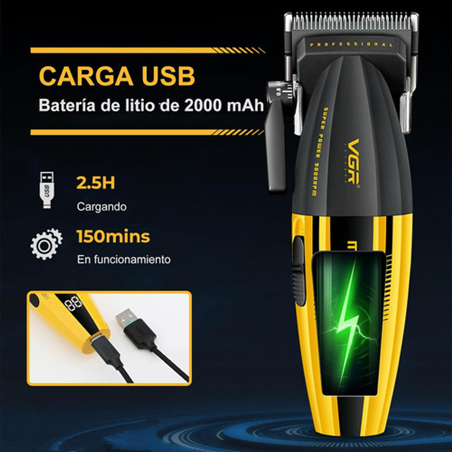 Cortadora De Pelo Profesional Thek Vgr 285 9000rpm Inalámbrica Pantalla Usb-c Negro 5