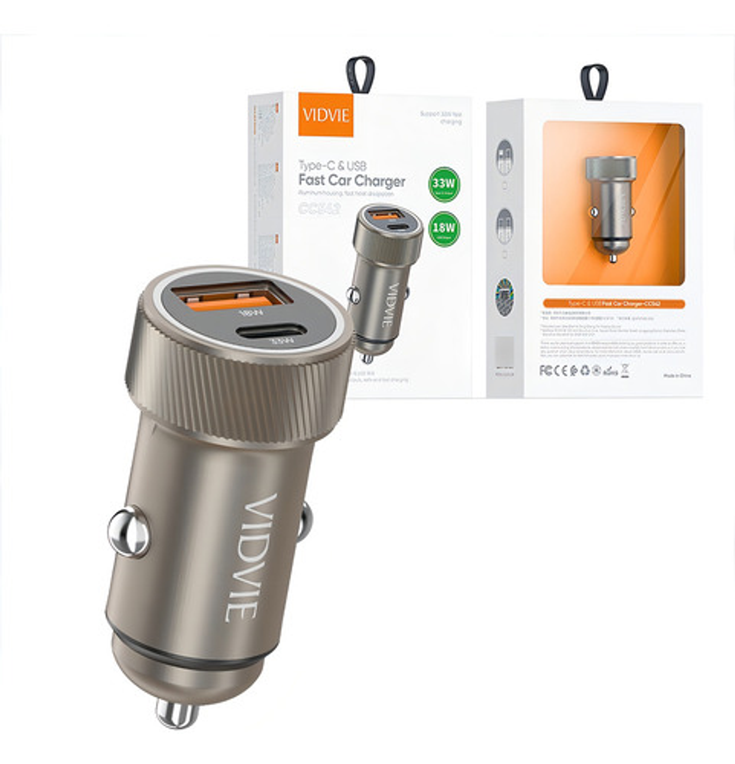 Cargador Auto Vidvie Carga Rápida 33w Con Usb-a 18w Y Tipo C 30w Gris Gris Cc542 2