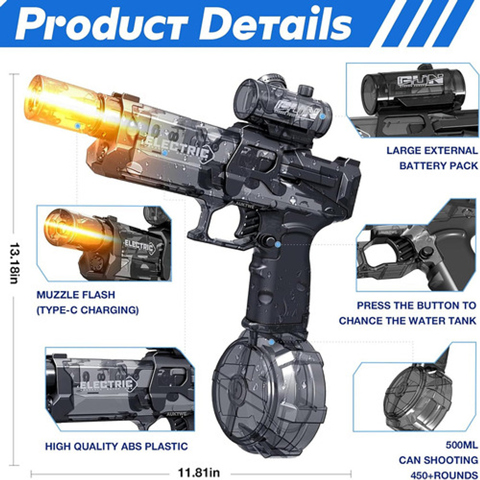 Pistola De Agua Eléctrica Alta Potencia Recargable Led 1200m 2