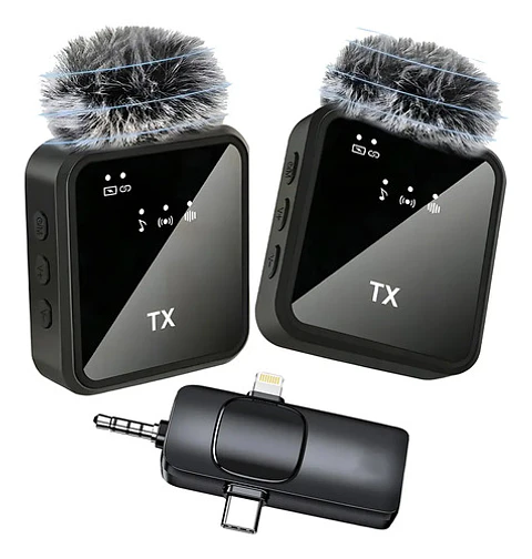Pack 2 Microfonos Inalambrico 3 En 1 Para iPhone Android Pc Color Negro