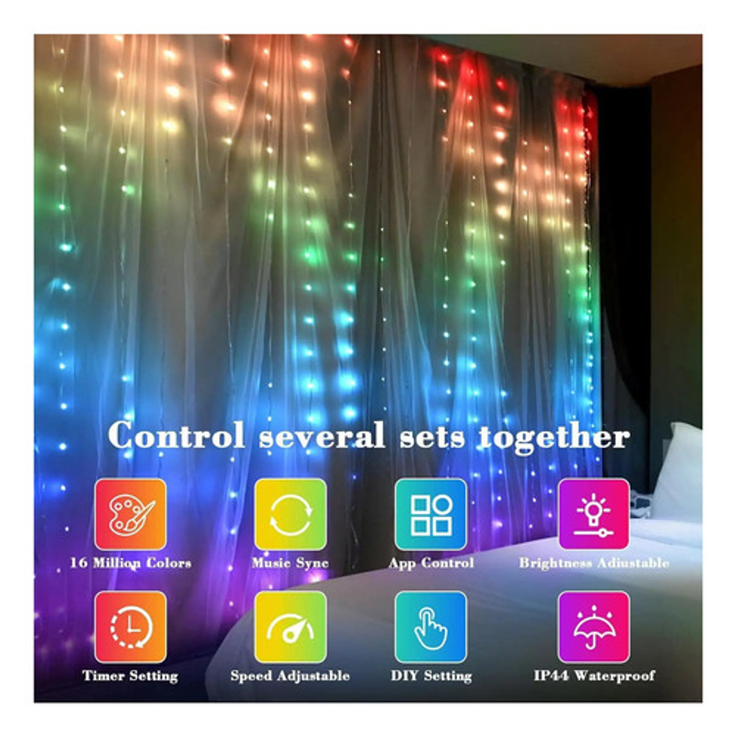 Cortina Led Inteligente 400 Luces Rgb 2x2m Control Remoto Ap Multicolor 9