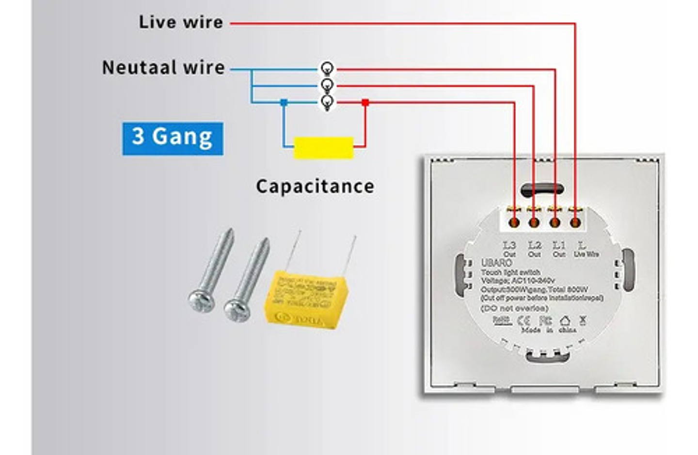 Interruptor Táctil Vidrio Templado 3 Botones Negro 9