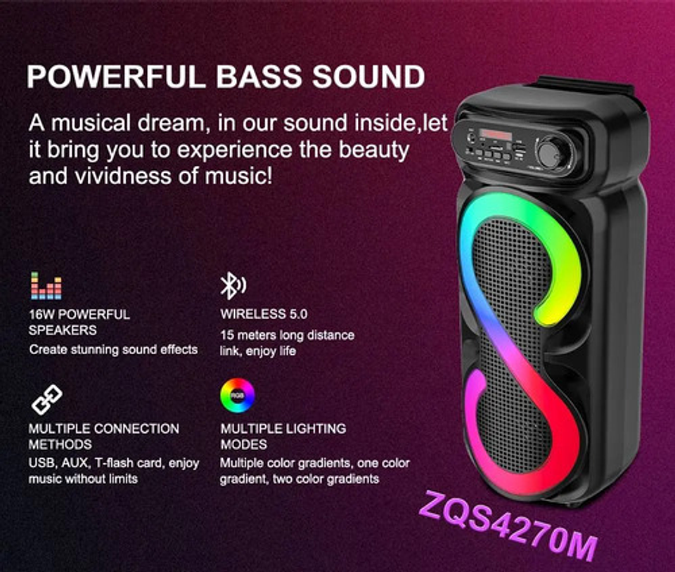 Parlante Bluetooth Portátil Zqs4270m Luces Led Micrófono 5