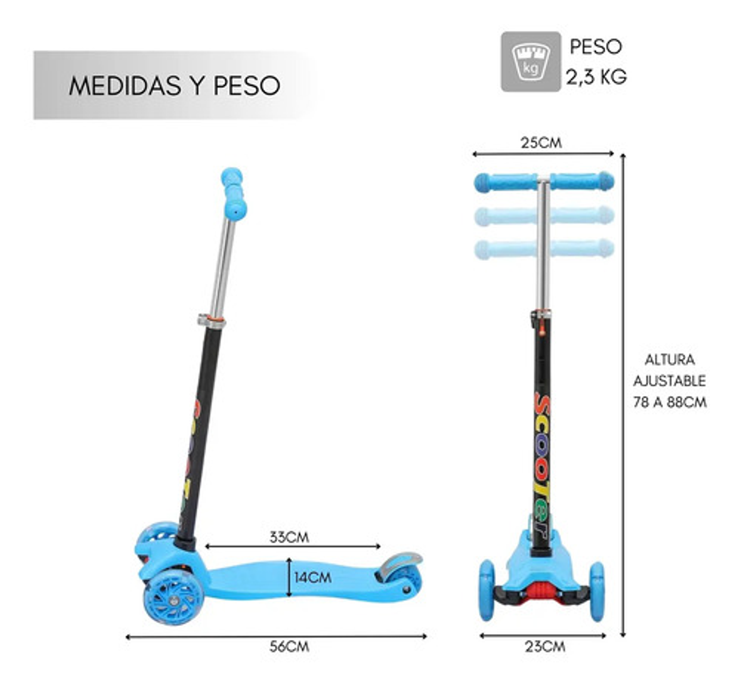 Scooter Infantil 3 Ruedas Ajustable Con Luces Reforzado Azul Claro 5