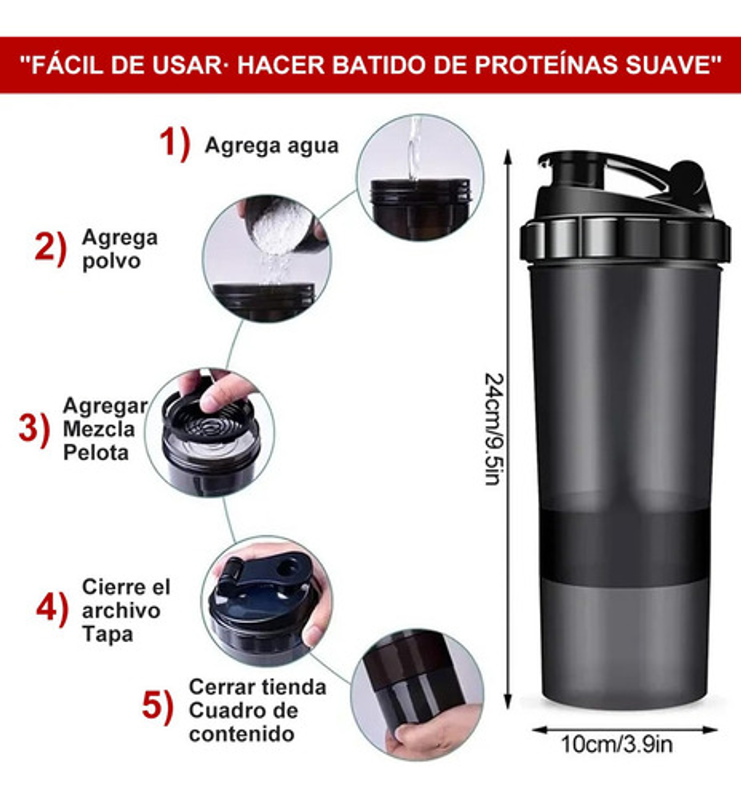 Shaker Proteina Botella Fitness Mezclador Batidos Blanco 5