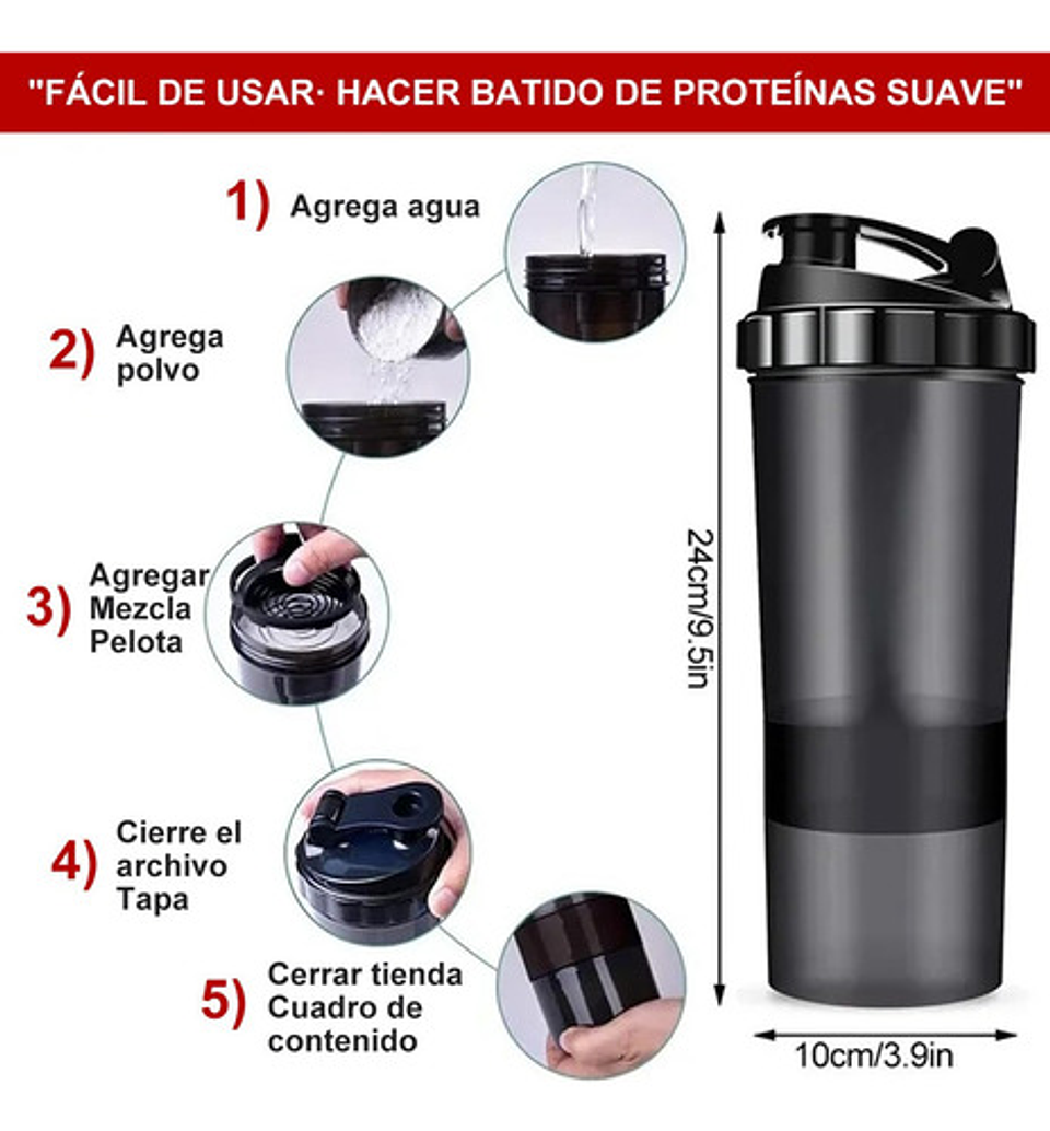 Shaker Proteina Botella Fitness Mezclador Batidos Blanco 5