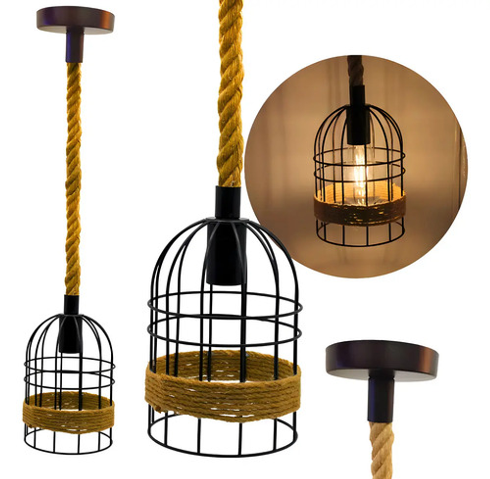 Lampara Colgante Rustica Tipo Jaula Con Cordon + Ampolleta 1