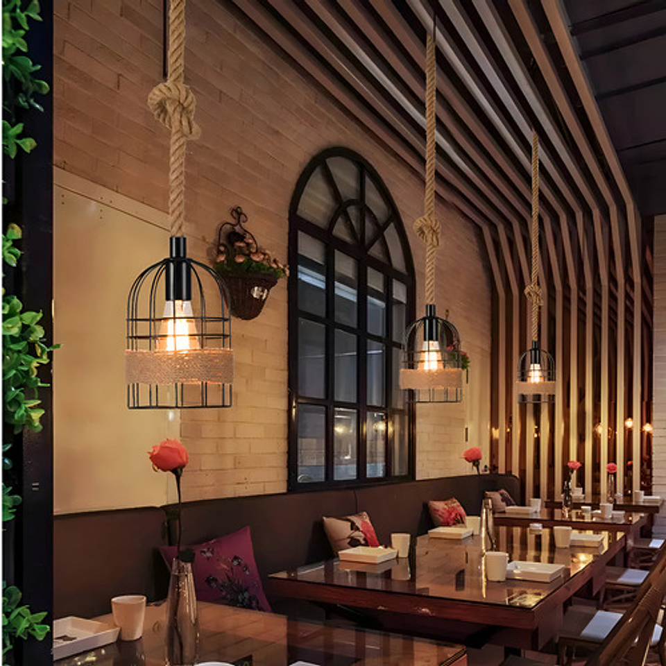 Lampara Colgante Rustica Tipo Jaula Con Cordon + Ampolleta 5